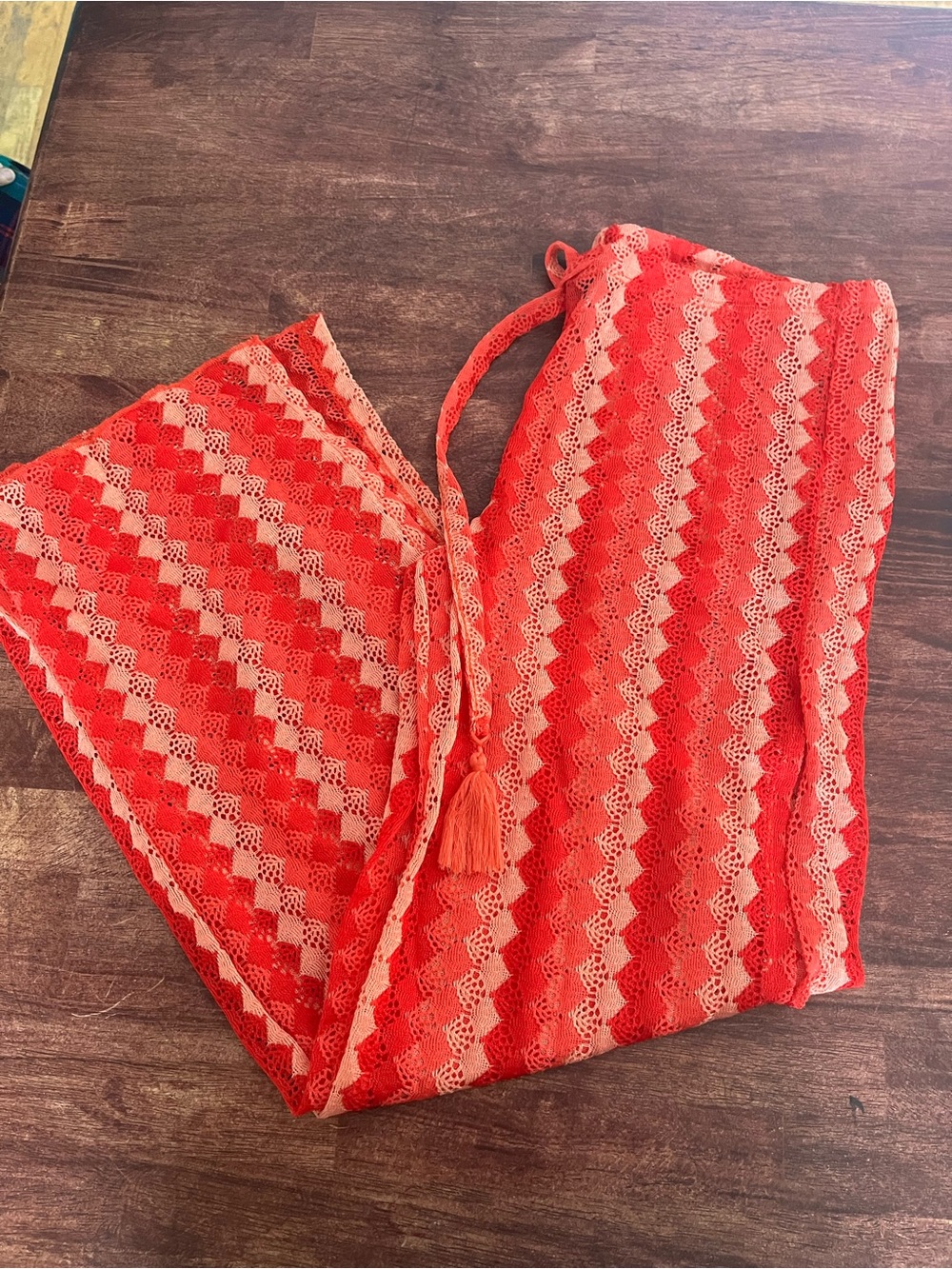 Red Striped Crochet Drawstring Pants
